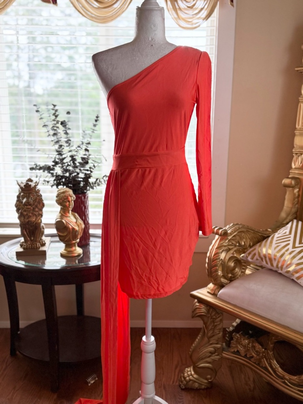 One-Shoulder Coral Red Asymmetric Dress